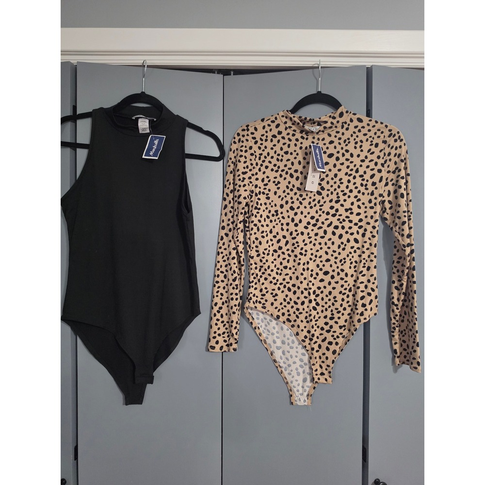 Gaze Bodysuit Set Women Medium Black Tan NWT Mock Neck Leopard Sleeveless 2pk